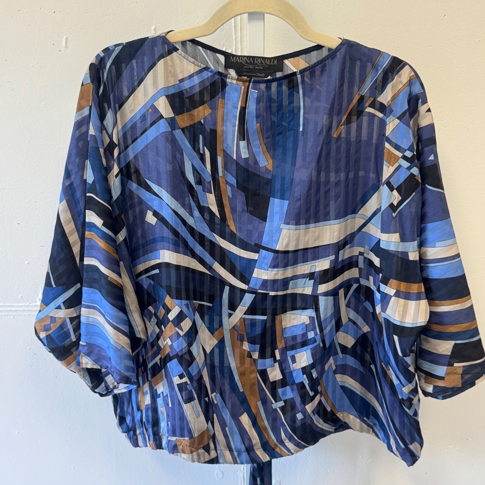 Marina Rinaldi Pure Silk Blue Abstract Batwing Blouse with Tie Waist Italy Boho